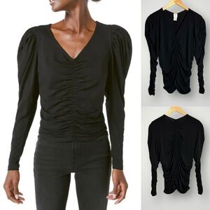 Joie V Neck Shirred Pullover Top Size Large Long Puff Sleeve Stretch Black